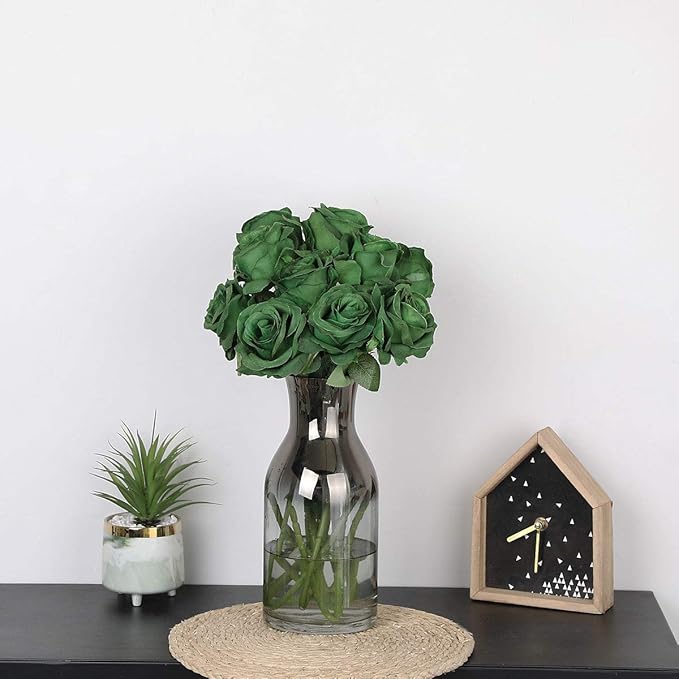 Nubry Artificial Silk Rose Flower Bouquet Lifelike Fake Rose for Wedding Home Party Decoration Event Gift 10pcs (Dark Green)