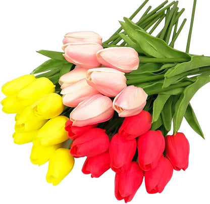 30pcs Artificial Tulips Flowers Real Touch Multicolored Tulips Fake Holland PU Tulip Bouquet Latex Flowers for Wedding Party Office Home Kitchen Decoration (Pink Yellow Red)