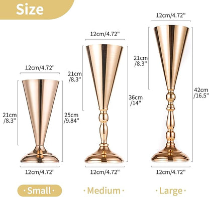 2 Pcs Tabletop Metal Wedding Flower Trumpet Vase, 9.8 inch Table Decorative Centerpiece, Artificial Flower Arrangements for Anniversary Ceremony Party Birthday Event Aisle Home Decoration (Gold)