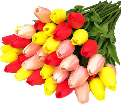 30pcs Artificial Tulips Flowers Real Touch Multicolored Tulips Fake Holland PU Tulip Bouquet Latex Flowers for Wedding Party Office Home Kitchen Decoration (Pink Yellow Red)