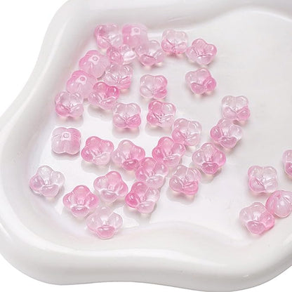 100PCS Glass Flower Beads for Jewelry Making 4 Petal Flower Bead Caps Gradient Cute Floral Beads Aesthetic Charms for Necklace Bracelets Earrings DIY Craft Home Decoration-Pink
