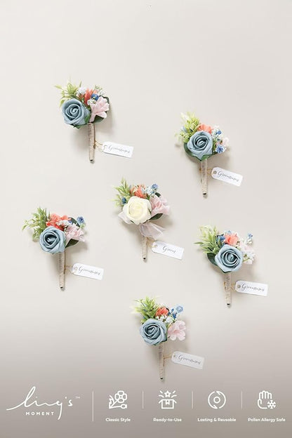 Ling's moment Boutonniere for Men, 6pcs Groom Groomsmen Boutonniere, Artificial Flowers for Wedding Decor/Prom/Homecoming, etc.Dusty Blue Cream