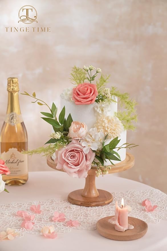 TINGE TIME Artificial Flowers Combo Mix Silk Flowers Pink Roses w/stem for DIY Wedding Bridal Bouquets Baby Shower Floral Arrangement Table Centerpieces Home Decorations (Pink & Champagne)