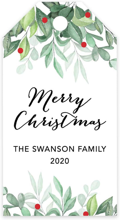 Andaz Press Personalized Christmas Holiday Season Classic Gift Tags, Merry Christmas Custom Family Name and Year, Watercolor Holly Leaves Design, for Holiday Events, Parties, and Favors, 60-Pack