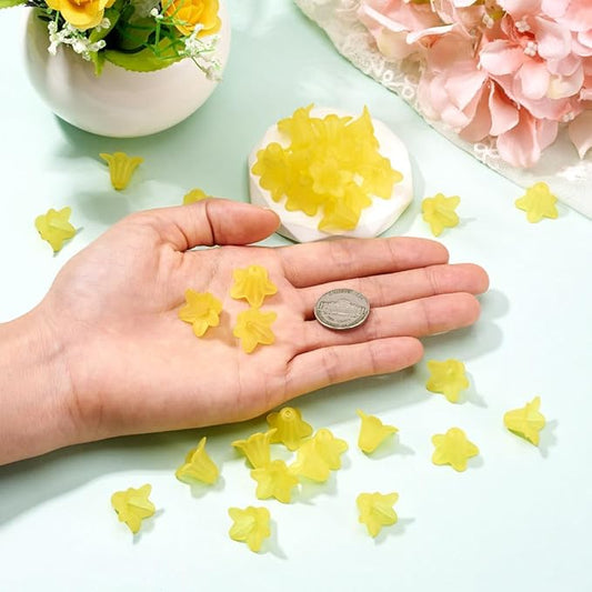 Crafans 50Pcs Frosted Acrylic Flower Beads Pink Floral Pendants Trumpet Flower Bead Caps Loose End Spacer Beads for Jewelry Making Supplies 17.5x12x1.5mm