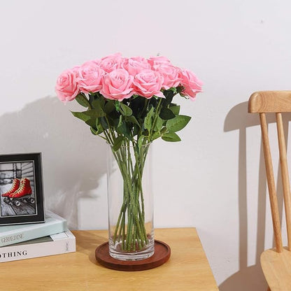 Laelfe 12 PCS Artificial Flowers Pink Roses Fake Silk Flowers Long Stem Artificial Roses for Home Wedding Decorations (Pink)