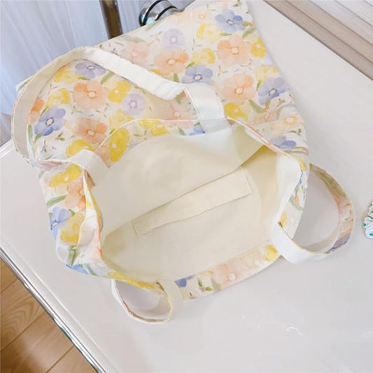 Cotton Canvas Tote Bag Reusable Soft Grocery Cloth Bag Floral Shoulder Bag for Beach Travel Shopping