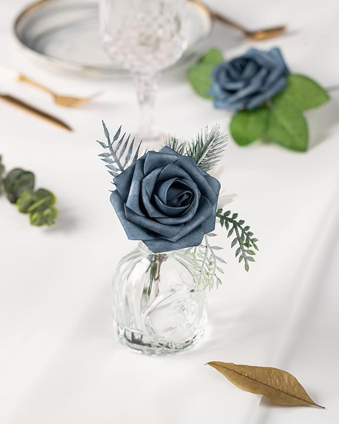 DuHouse 25Pcs Artificial Roses Flowers Fake Roses with Stems Real Touch Foam Flowers for DIY Wedding Bouquet Baby Shower Centerpiece Floral Arrangement Party Home Decor(Dusty Blue)