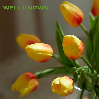 WELL KNOWN 20 Pcs Tulips Artificial Flowers in Vase with Faux Water, Faux Tulips Real Touch, Floral Arrangements Artificial with Vase Centerpiece for Bathroom Home Decoration Orange