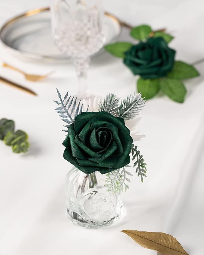 DuHouse 50Pcs Artificial Roses Flowers Fake Roses with Stems Real Touch Foam Flowers for DIY Wedding Bouquet Baby Shower Centerpiece Floral Arrangement Party Home Decor(Hunt Green)