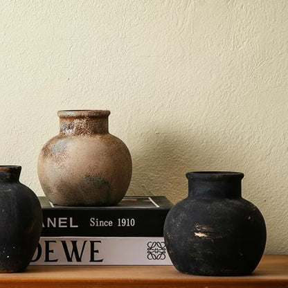 Vintage Ceramic Vases, Distressed Black and Beige, Rustic Farmhouse Decor, Handmade Textured Design for Living Room, Mantel, Coffee Table,Fireplace,Kitchen (Black)