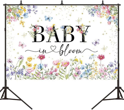 Boho Wildflower Baby Shower Backdrop Baby in Bloom Background Butterfly Flower A Little Wildflower is on The Way Decorations Girls Floral Baby Shower Banner with Copper Grommets
