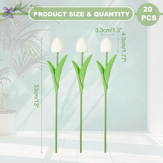 uxcell 20pcs Tulips Artificial Flowers, Faux Flowers Silk Fake Tulip Stems Real Touch for Wedding Bouquet Centerpiece Table Party Decoration(Pure White)