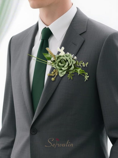 Serwalin Set of 2 Boutonniere for Men, 6-7inch Corsage Groom Groomsman Best Man Boutonnieres for Wedding Prom Ceremony Anniversary Party Cake Topper, Green