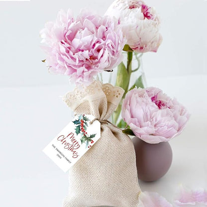 Andaz Press Personalized Christmas Holiday Season Classic Gift Tags, Merry Christmas Custom Family Name and Year, Watercolor Holly Branch Leaves Design, for Holiday Events, Parties, Favors, 60-Pack