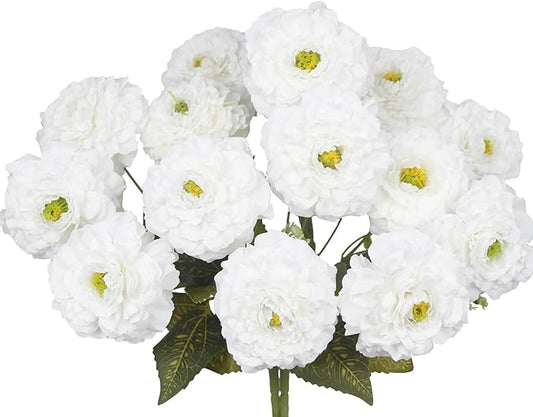 2 Pcs Artificial Flowers Spring Summer Outdoor Flowers White Zinnias Silk Flowers with Stems Zinnia Elegans Artificial Zinnias for Outdoors Floral Arrangements Table Centerpieces Wedding Decor