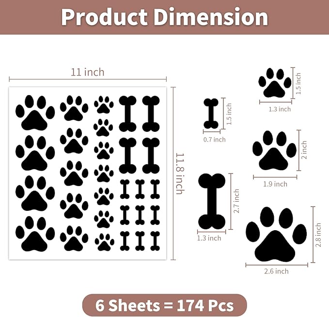 AOWDIAO 174 Pcs Dog Paw Decals - Peel and Stick Vinyl Wall Stickers for Dog's Room, Playroom & Party Decor