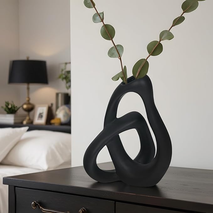 Unique Black Ceramic Vases for Home Decor, 9.1" H Boho Nordic Aesthetic Modern Style, Decorative Vases for Home Decor Living Room