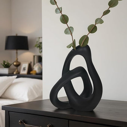 Unique Black Ceramic Vases for Home Decor, 9.1" H Boho Nordic Aesthetic Modern Style, Decorative Vases for Home Decor Living Room