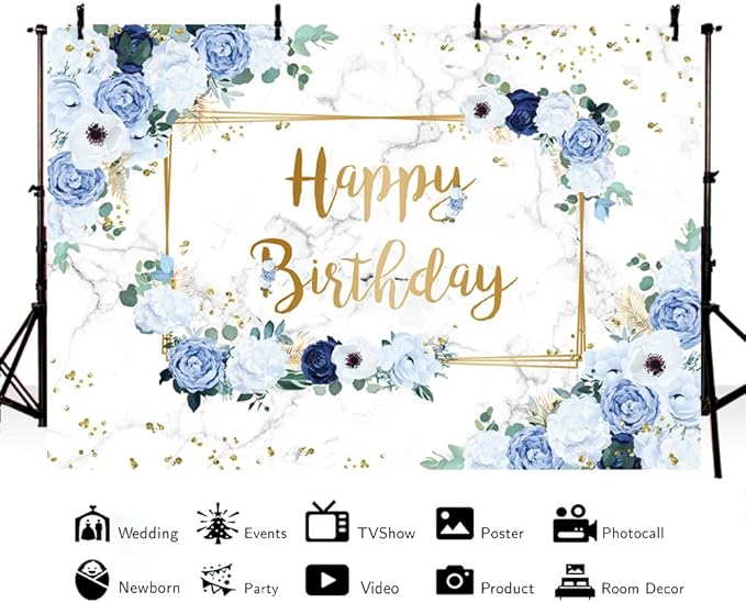 MEHOFOND 8x6ft Happy Birthday Backdrop Blue and White Flowers Bday Photography Background Girls Geometric Gold Glitter Dots Birthday Floral Party Decorations Cake Smash Decor Studio Photo Props