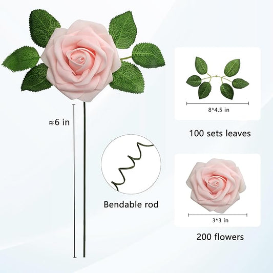 JOYLEX Artificial Flowers Realistic Roses, Real Looking Fake Roses with Stem for DIY Wedding Bouquets Centerpieces Bridal Shower Party Home Romantic Decorations (Light Pink, Regular 3" - 200pcs)