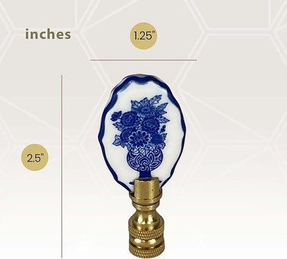 Royal Designs, Inc. Blue & White Porcelain Oval Flowers Vase Design Finial for Lamp Shade, Polished Brass