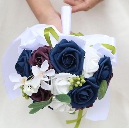 Lightweight Bridal Wedding Bouquet Round Holding Bouquet Throw Toss Artificial Rose Flower Bunch for Bride Bridesmaid Wedding Quinceanera (White, Navy & Dark Puce, 9.1")