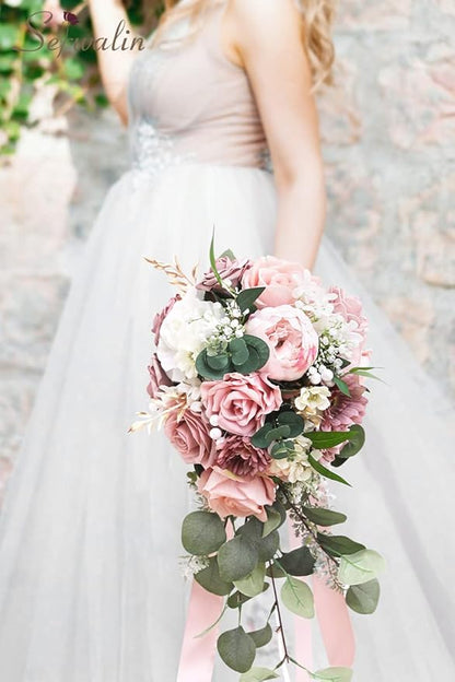Serwalin 9.8 Inch Wedding Bouquets for Bride Bridesmaid, Dusty Pink Peonies Bridal Bouquets for Bride, Wedding Flowers Bouquet Tossing Bouquet, Wedding Ceremony and Anniversary Day Decor