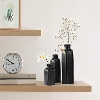 Small Black Ceramic Vase Set of 3, Boho Modern Black Flower Vase Room Decor, Farmhouse Decor, Vases for Your Kitchen, Bathroom, Bedroom, Living Room, Office&Shelf Centerpiece Table Decorations