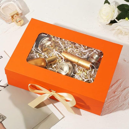 5 Pcs Orange Gift Box for Presents with Ribbon 10.8x7.5x3.5 Inches Clear Gift Box with Window Magnetic Closure Gift Boxes with Lids