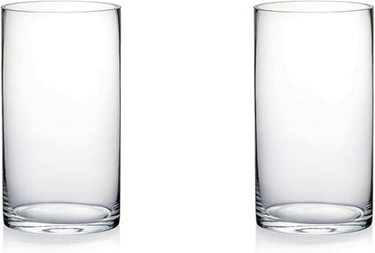 Large Hand Blown Sturdy Clear Cylinder Glass Vase, Centerpiece Flower Vase for Rose, Tulip, Boquets, Hurricane Candle Holder (2, 4"x7")