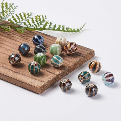Beadthoven 100pcs Round Ceramic Beads 10mm Chunky Porcelain Beads for Jewelry Making Colorful Printed Vintage Handmade Chinese Ceramic Spacers Boho Jewelry Supplies for Bracelets Necklace Keychain DIY