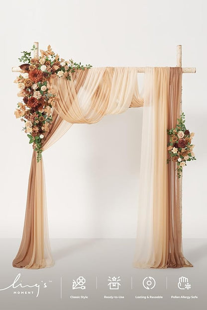 Ling's Moment Deluxe Wedding Arch Flowers with Sheer Drapes Kit - Artificial Walnut Brown Floral Arrangements for Ceremony Backdrop, Garden Arbor Decor, 5-Piece Set (2 Flower Stems + 3 Hanging Drapes)