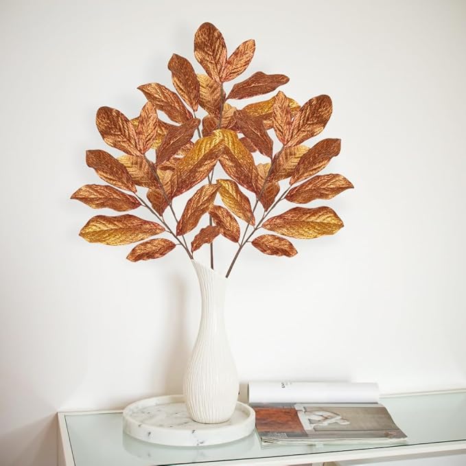 3PCS Bronze Glittered Artificial Leaf Spray Picks 31 inch Tall for Christmas Winter Autumn Wreath Tree Swag Floral Arrangment Vase Holiday Wedding, Bronze