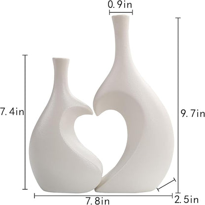 White Ceramic Vase Set of 2,Heart Shaped vase, Matte Frosted Texture Finish,Farmhouse Decor, Home Decor, Vases for Your Bedroom, Office, Living Room, Bathroom (White)