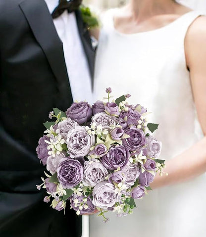 Mkono Peonies Artificial Flowers, Small Silk Flowers for Home Decor Indoor Fake Bouquet Faux Floral Arrangements Dining Table Centerpieces for Kitchen Bridal Wedding Party Decor Purple