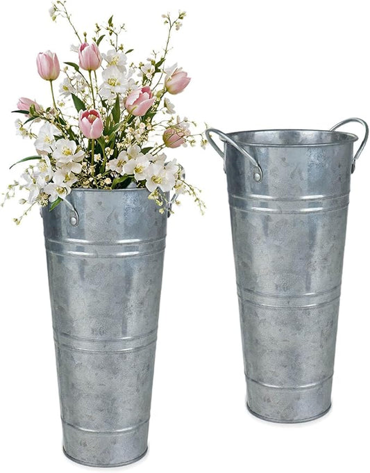 9 Inch Galvanized Metal Vases for Flowers - 2 Pcs Farmhouse Decorative Tall Flower Bucket with Handles, Rustic French Tin Planter Buckets for Wedding Decor (Silver)