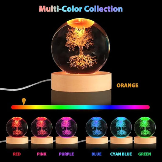 3.15In Tree of Life Crystal Ball Lamp with Wooden Base, 3D Crystal Ball Night Light, 16 Colors , Remote Controlled, Tree of Life Decor, Spiritual Gift for Women Christmas Gifts for Family Men Friends