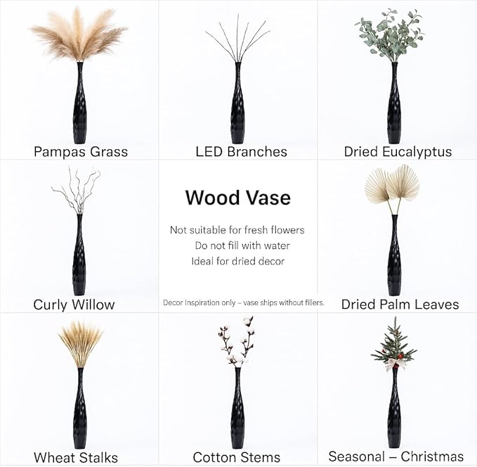 Leewadee Large Black Home Decor Floor Vase - Wooden 41 inch Tall Farmhouse Decor Flower Holder for Fake Plant and Pampas Grass