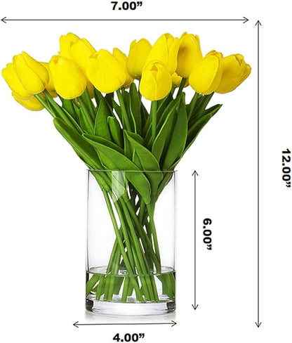 ENOVA FLORAL 20 Pieces Yellow Real Touch Tulips Artificial Flowers in Vase, Fake Tulips Arrangements with Vase and Faux Water for Home Wedding Decoration, Dining Table (Yellow)