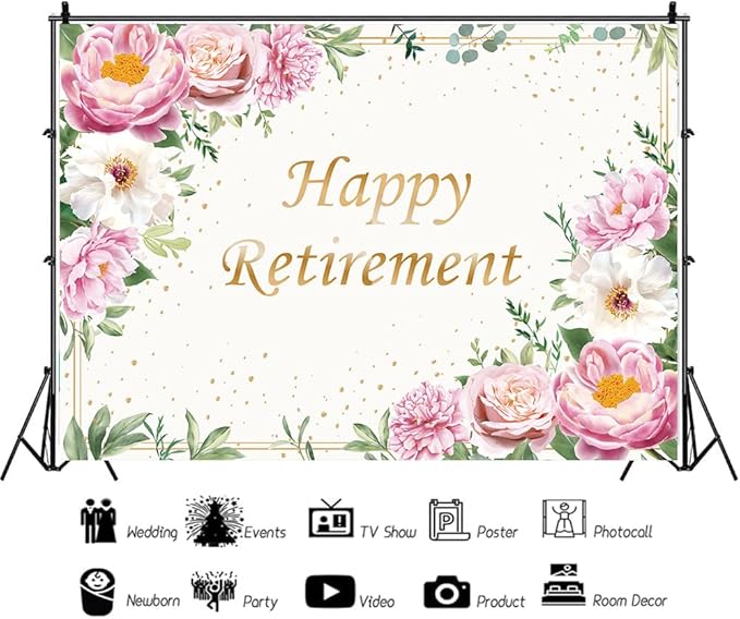 Happy Retirement Backdrop for Women Pink Rose Gold Dots Retirement Party Banner White Floral Greenery Leaves Decoration Lady's Retirement Party Decor Congrats Retire Photo Booth Props(8x6ft)