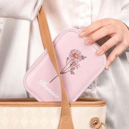callie Personalized Travel Jewelry Case-Mirror & LED 3 Adjustable Light, Custom Birth Flower Makeup Jewlery Box with Name, Wedding Birthday Gift for Women