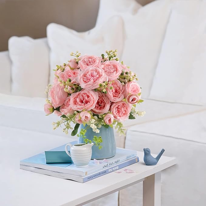 Artificial Peonies Silk Flowers, Pink Faux Peony Bouquet 2 Bundles Florals Arrangements for Farmhouse Home Boho Wedding Table Centerpiece, Fake Plastic Flower Bulk for Vase Decoration (Light Pink)
