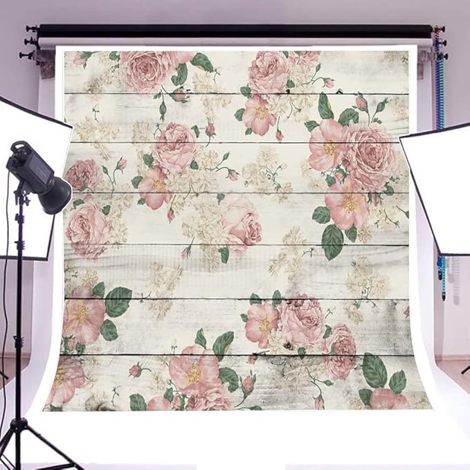 AOFOTO 10x10ft Vintage Floral Wooden Plank Backdrop Retro Wood Board with Pink Roses Photography Background Mother's Day Lady Girl Woman Portrait Wedding Birthday Party Supplies Photo Studio Props