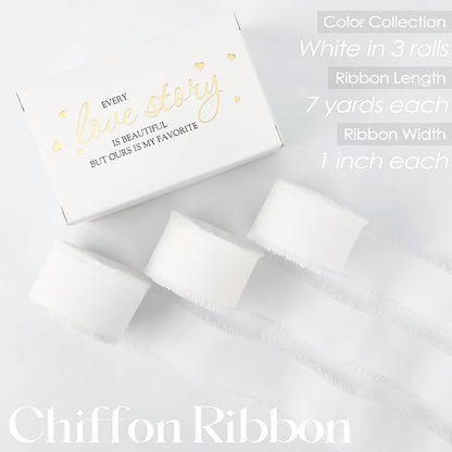 MEEDEE White Chiffon Ribbon 1 Inch White Fringe Ribbons Chiffon Silk Frayed Edge Ribbon Thin Chiffon Ribbons for Crafts, Gift Wrapping, Wedding Invitation (3 Rolls 21 Yards)