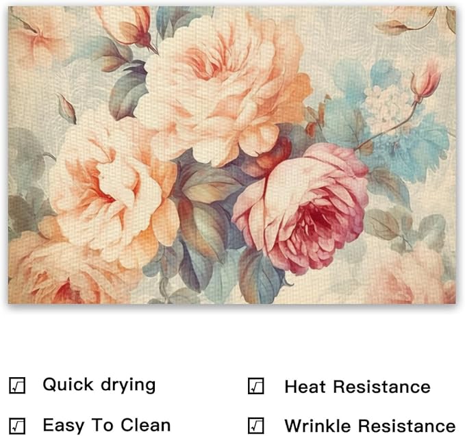 Placemats Set of 4 Waterproof Oilproof Table Mats Vintage Rose Pattern Washable Wipeable Heat Resistant Easy to Clean for Indoor Outdoor Party Kitchen Dining Table Decoration 12 * 18in