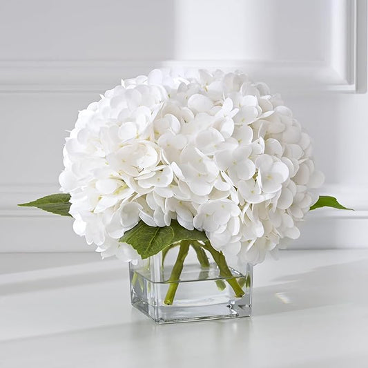 BLEUM CADE Luxury PU Fake Flowers in Vase with Faux Water, White Real Touch Hydrangea Artificial Flowers with Glass Vase for Office Home Dining Room Centerpiece Table Decorations