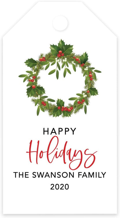 Andaz Press Personalized Christmas Holiday Season Classic Gift Tags, Happy Holidays Custom Family Name and Year, Christmas Wreath with Berries Design, for Holiday Events, Parties, and Favors, 60-Pack