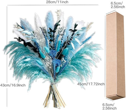 Blue Dried Flowers Bouquet with Pampas Grass - Boho Home Decor and DIY Floral Arrangements for Bedroom, Office, and Wedding Centerpieces