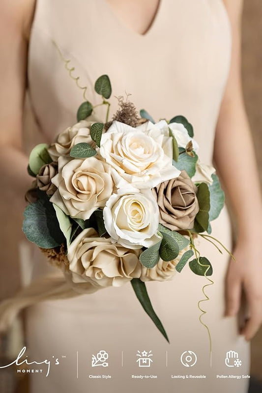 Ling's moment Bridesmaid Bouquet Set of 4, Oatmeal Beige Wedding Bouquets for Bridesmaids, 7 Inch Brown Bridal Bouquets for Bridesmaids, Wedding, Ceremony, Anniversary, etc.